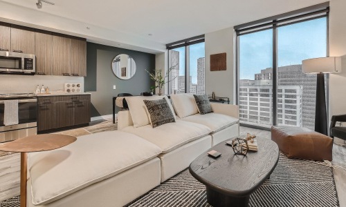 a living room with a large window